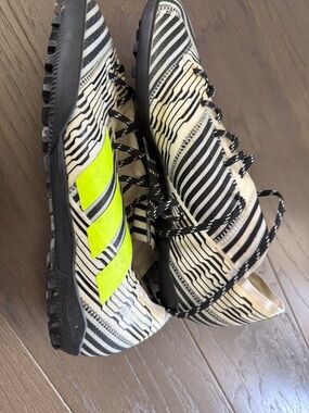 adidas Black & White Striped Soccer Shoes with Neon Yellow Three Stripes
